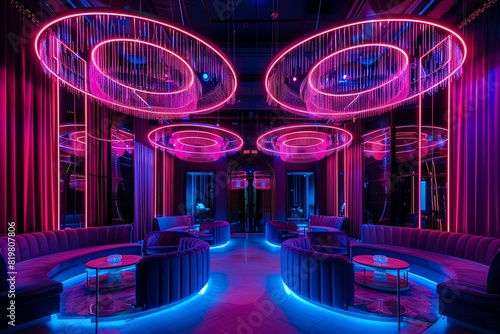 A luxurious room with circular chandeliers, neon underlighting, and a black light background providing a dramatic glow