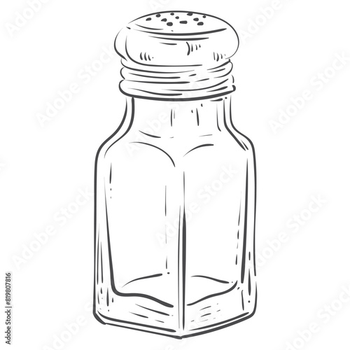 Glass salt shaker for the kitchen with a metal lid. Black and white drawing. Vector isolated image.