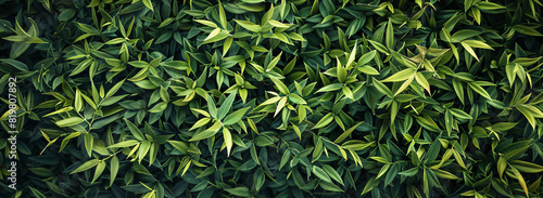 A captivating top-down view of vibrant green leaves on a boxwood hedge. A picturesque scene of nature from above.