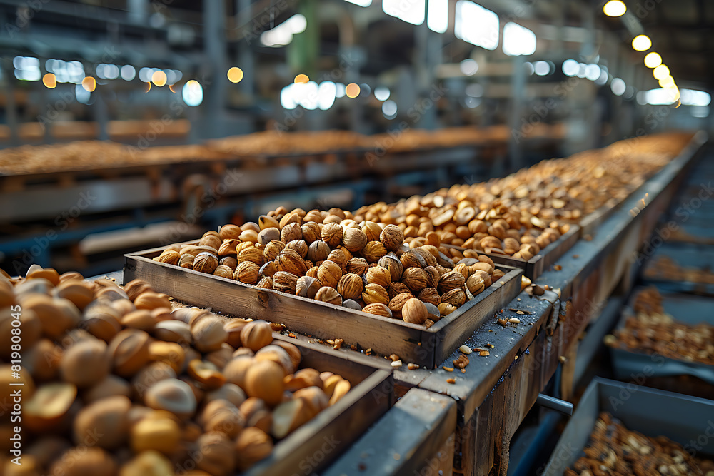 The harvested nuts are meticulously packed in wooden boxes on the sorting line, prepared for distribution at a busy farm during the height of the harvest season