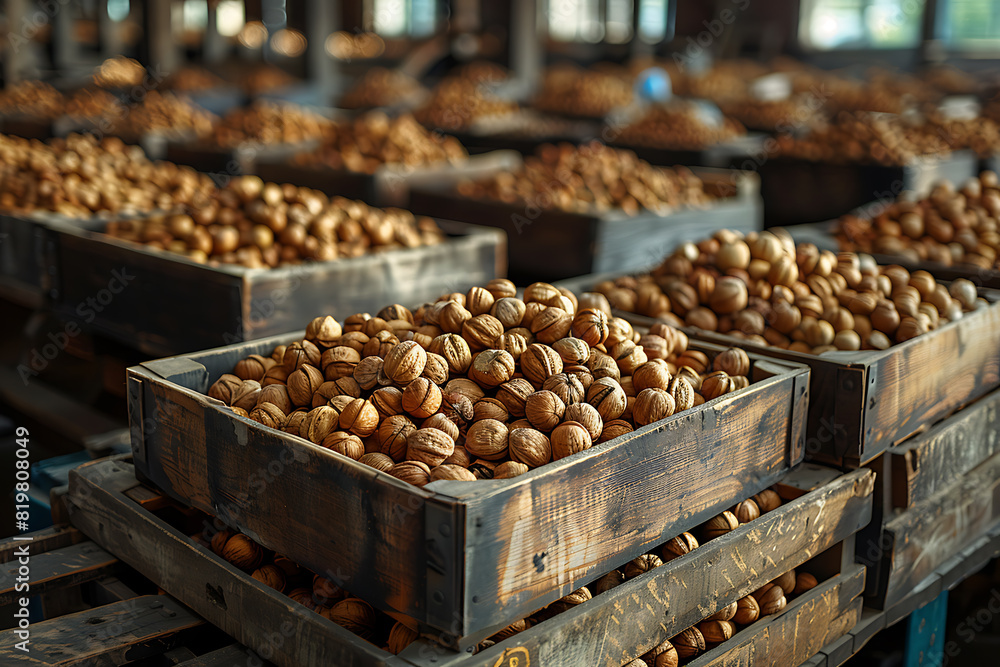 The harvested nuts are meticulously packed in wooden boxes on the sorting line, prepared for distribution at a busy farm during the height of the harvest season The harvested nuts are meticulously packed in wooden boxes on the sorting line, prepared for distribution at a busy farm during the height of the harvest season