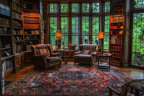 A serene home library room, filled with bookshelves, comfortable reading chairs, and decorative lighting for a cozy ambiance