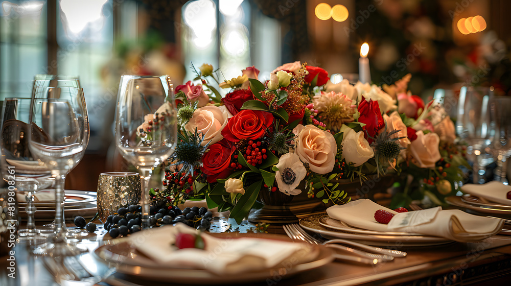 An elegant formal dining room featuring a beautifully arranged floral centerpiece, set for a special occasion with exquisite tableware and decor