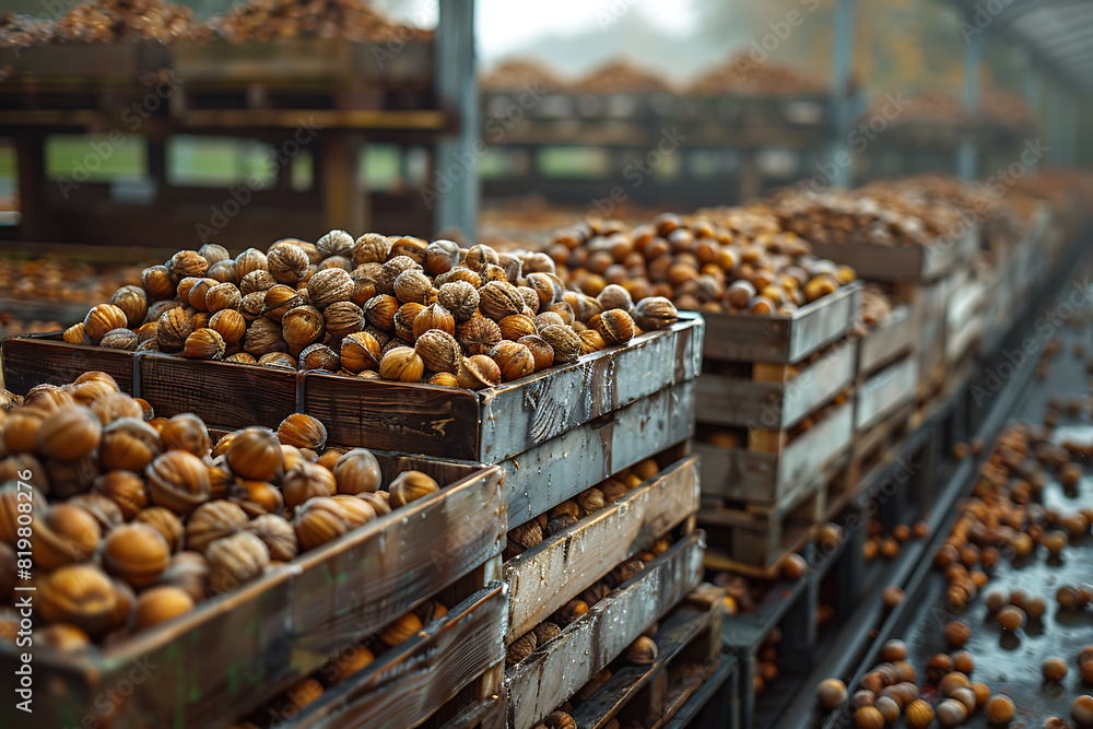The harvested nuts are meticulously packed in wooden boxes on the sorting line, prepared for distribution at a busy farm during the height of the harvest season The harvested nuts are meticulously packed in wooden boxes on the sorting line, prepared for distribution at a busy farm during the height of the harvest season