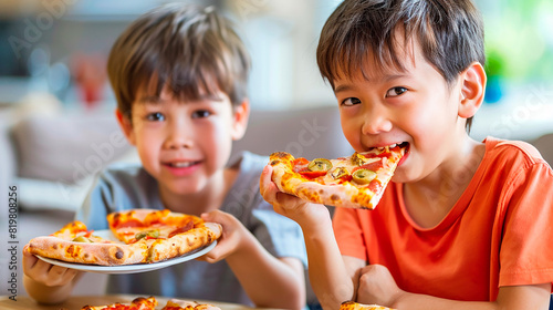 Two kids enjoying slices of pizza at home  highlighting a fun and delicious meal time