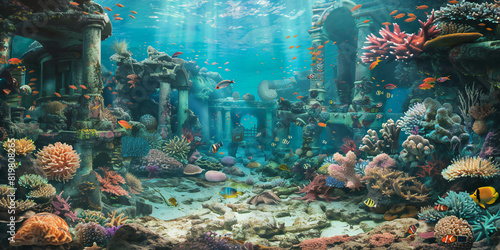 coral reef and fishes,  Gaming Background Underwater Kingdom An image of an underwater kingdom as a background for gaming, with coral reefs, colorful marine life, and sunken ruins providing a mystical © Yasir