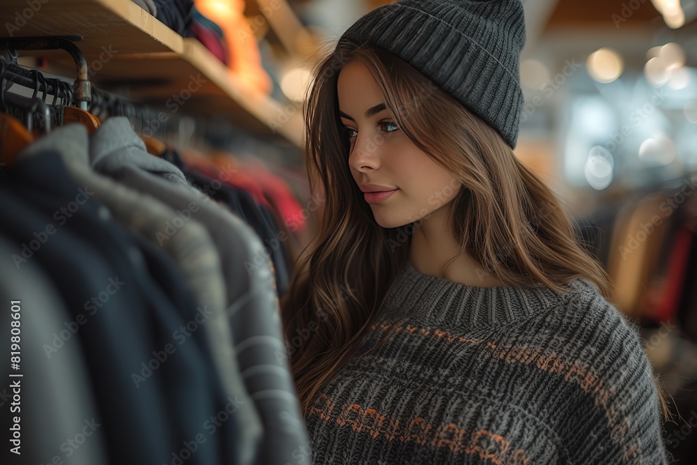 Beautiful brunette choosing and buying clothes Beautiful brunette choosing and buying clothes