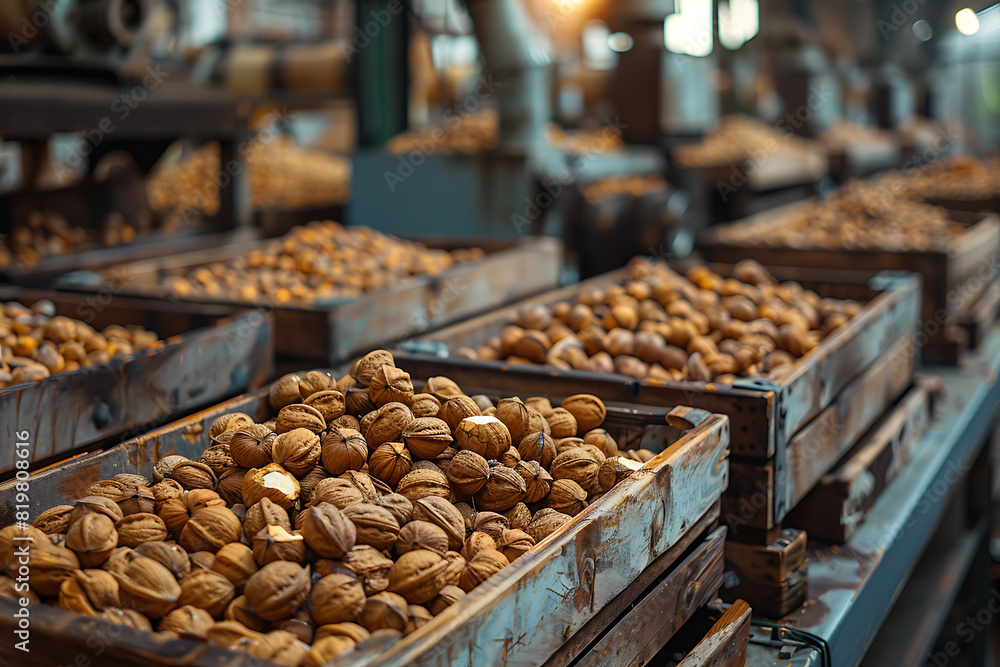 The harvested nuts are meticulously packed in wooden boxes on the sorting line, prepared for distribution at a busy farm during the height of the harvest season The harvested nuts are meticulously packed in wooden boxes on the sorting line, prepared for distribution at a busy farm during the height of the harvest season