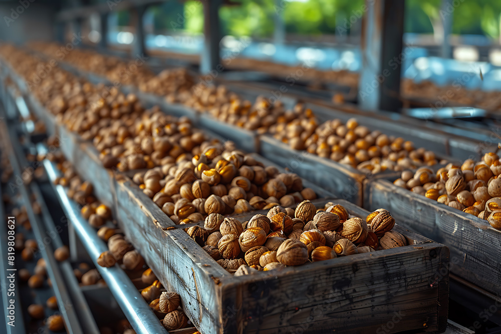 The harvested nuts are meticulously packed in wooden boxes on the sorting line, prepared for distribution at a busy farm during the height of the harvest season The harvested nuts are meticulously packed in wooden boxes on the sorting line, prepared for distribution at a busy farm during the height of the harvest season