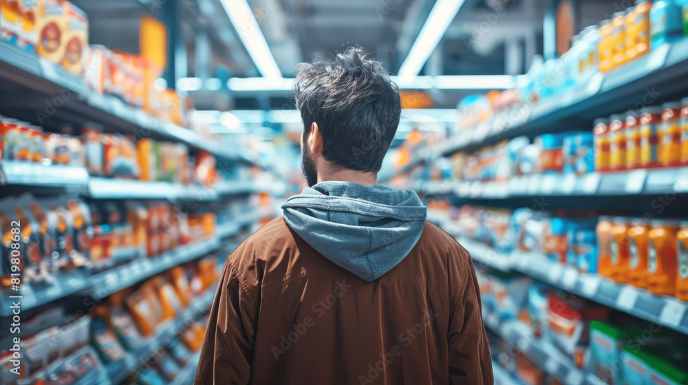 Confused A shopper puzzling over product labels in a grocery aisle Confused A shopper puzzling over product labels in a grocery aisle