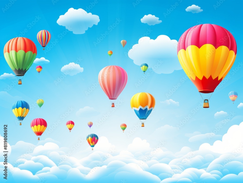 Naklejka premium Colorful hot air balloons floating in a bright blue sky.
