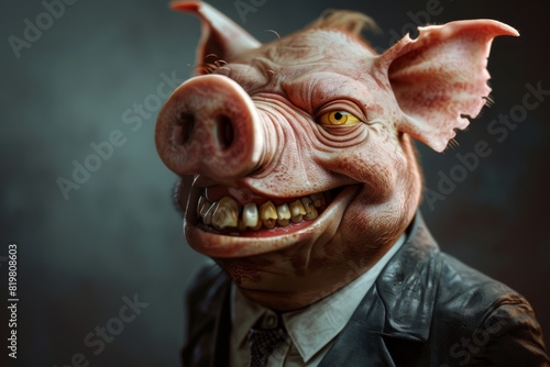 Evil, grinning fat pig like a human politician with yellow teeth wearing a business suit. Concept of corruption, manipulation, sarcasm.