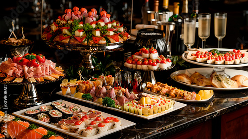 Luxurious buffet table with a variety of gourmet appetizers, including sushi, cold cuts, and desserts, for a high-end event