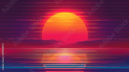 An 80s sun with striped bottom. A sunrise or sunset inspired by synthwave or arcade games