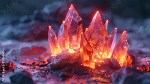 Cluster of glowing red crystals with a fiery inner light against a rocky, landscape with a soft background