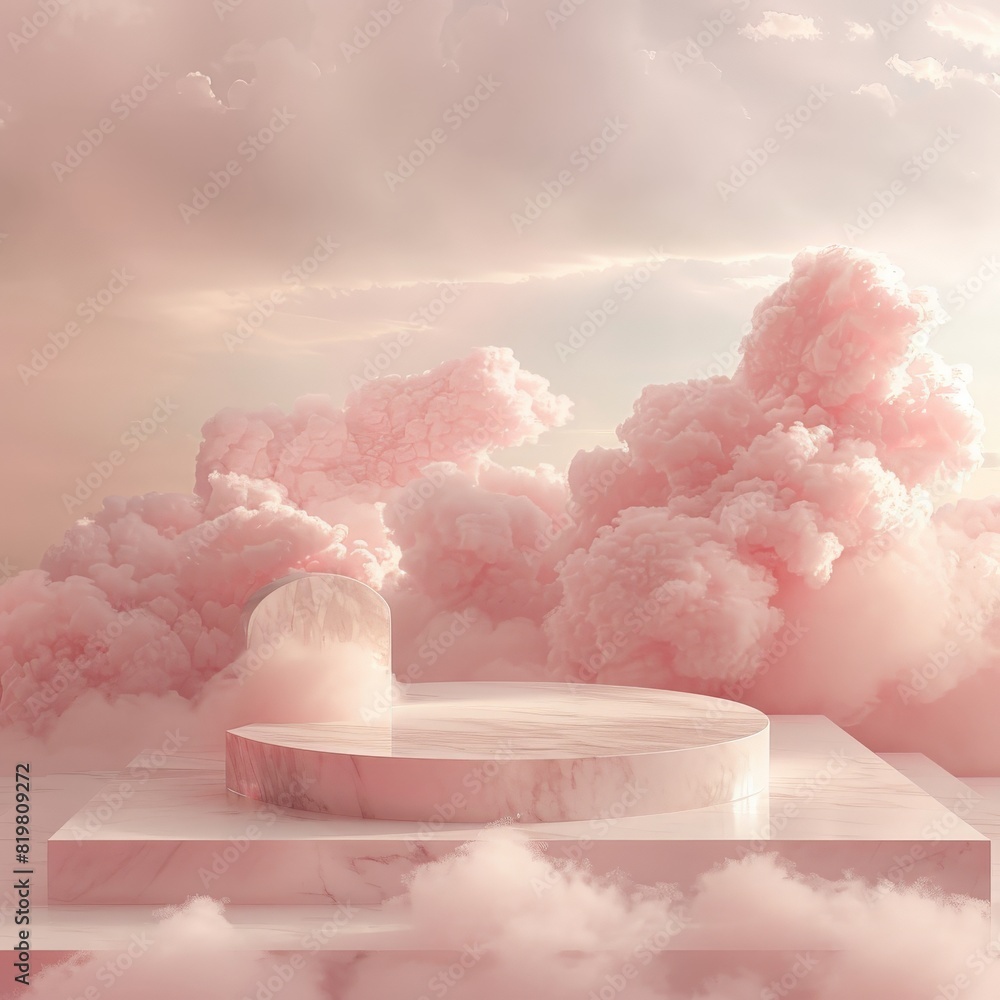 Ethereal product showcase on a marble platform, surrounded by fluffy cotton candy clouds in soft pink hues, digital illustration perfect for luxury goods Ethereal product showcase on a marble platform, surrounded by fluffy cotton candy clouds in soft pink hues, digital illustration perfect for luxury goods