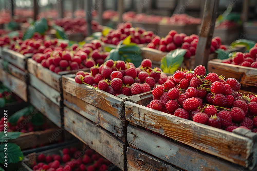 The harvested raspberries are neatly packed in wooden boxes on the sorting line, ready for distribution at a busy farm during the peak of the harvest season The harvested raspberries are neatly packed in wooden boxes on the sorting line, ready for distribution at a busy farm during the peak of the harvest season