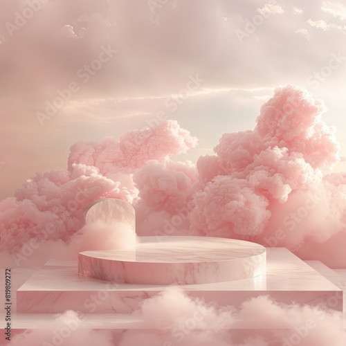 Ethereal product showcase on a marble platform  surrounded by fluffy cotton candy clouds in soft pink hues  digital illustration perfect for luxury goods