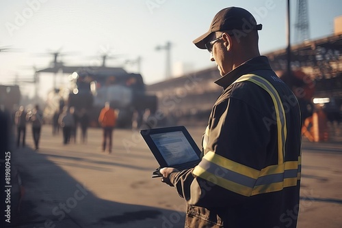 A construction worker wearing a hard hat and safety vest uses a tablet to monitor the progress of a project.