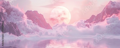 Fantasy landscape, a delicate marble circle amidst a sea of gentle pink mist, ethereal lighting, ideal for a mystical scene in digital art