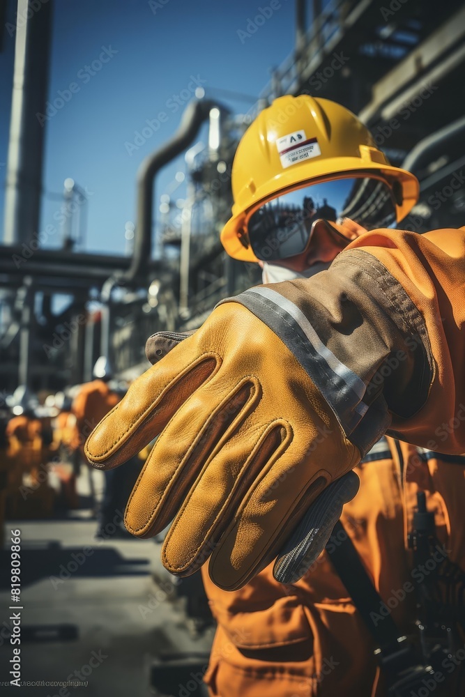 Oil and gas worker wearing protective gear at an industrial facility.