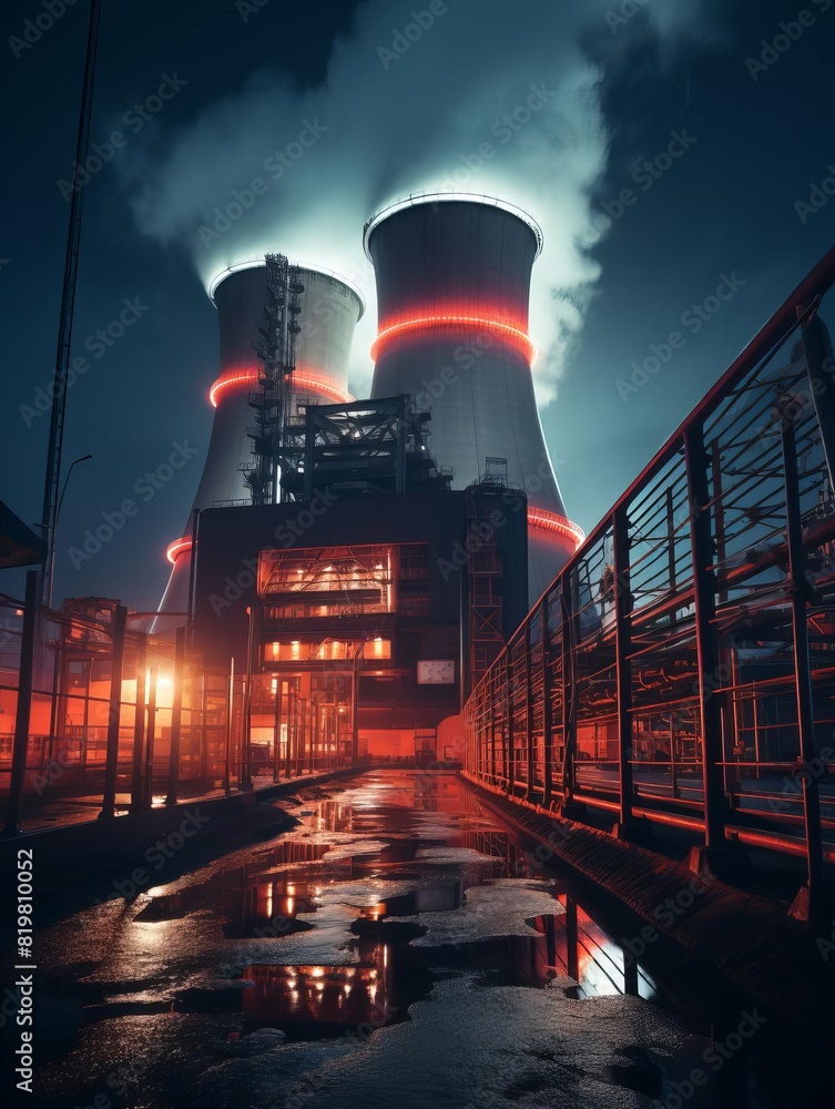 The photo shows the exterior of a nuclear power plant at night Stock ...