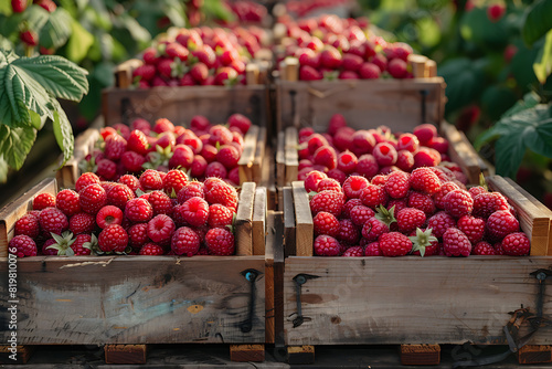 The harvested raspberries are neatly packed in wooden boxes on the sorting line, ready for distribution at a busy farm during the peak of the harvest season