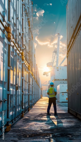 Worker Inspecting Refrigerated Shipping Containers at Sunset Port - Technology, Care in Transporting Temperature Sensitive Goods © spyrakot