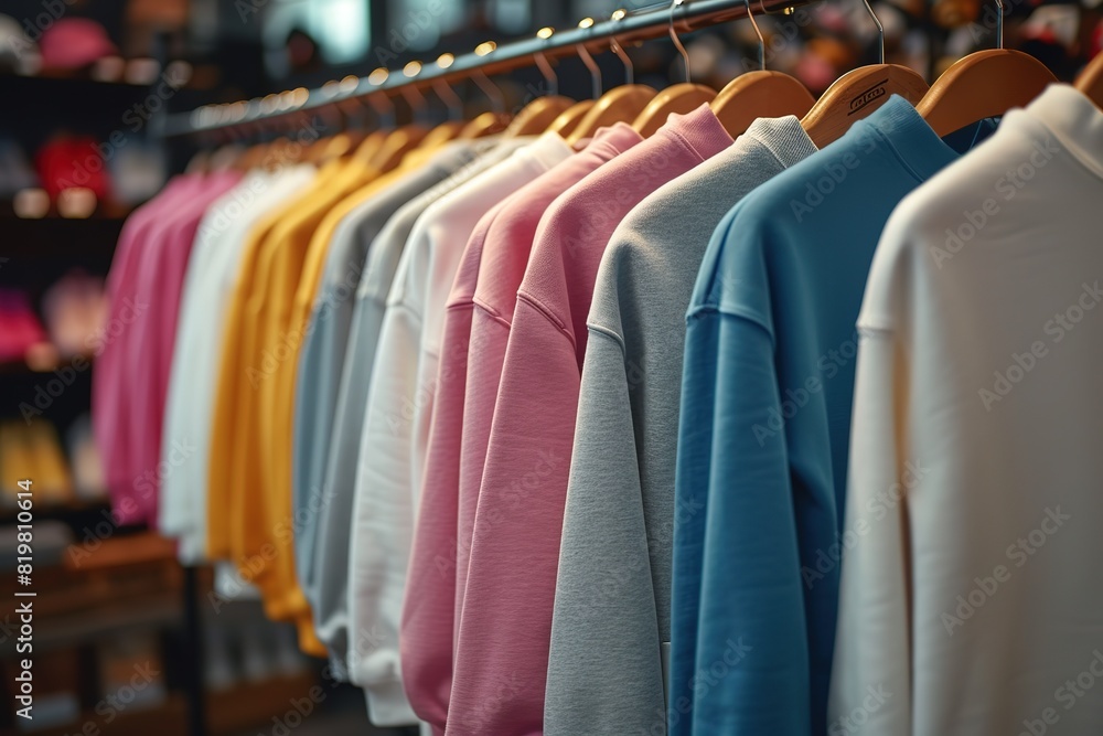 Clothes at custom clothing printing company Set of blank pastel cotton white, gray, blue and pink sportswear on a rail in the store Clothes at custom clothing printing company Set of blank pastel cotton white, gray, blue and pink sportswear on a rail in the store
