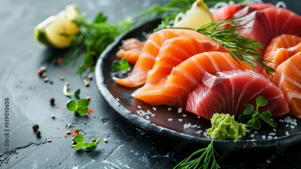 Gourmet sashimi platter featuring salmon and tuna, artfully arranged with a variety of fresh herbs on a polished obsidian plate, set against a soft, textured linen background Gourmet sashimi platter featuring salmon and tuna, artfully arranged with a variety of fresh herbs on a polished obsidian plate, set against a soft, textured linen background