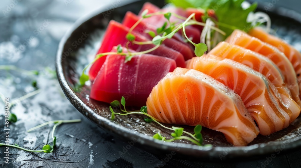 Gourmet sashimi platter featuring salmon and tuna, artfully arranged with a variety of fresh herbs on a polished obsidian plate, set against a soft, textured linen background Gourmet sashimi platter featuring salmon and tuna, artfully arranged with a variety of fresh herbs on a polished obsidian plate, set against a soft, textured linen background