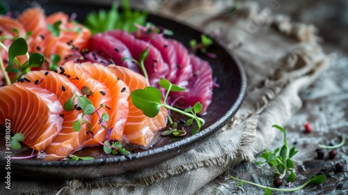 Gourmet sashimi platter featuring salmon and tuna, artfully arranged with a variety of fresh herbs on a polished obsidian plate, set against a soft, textured linen background