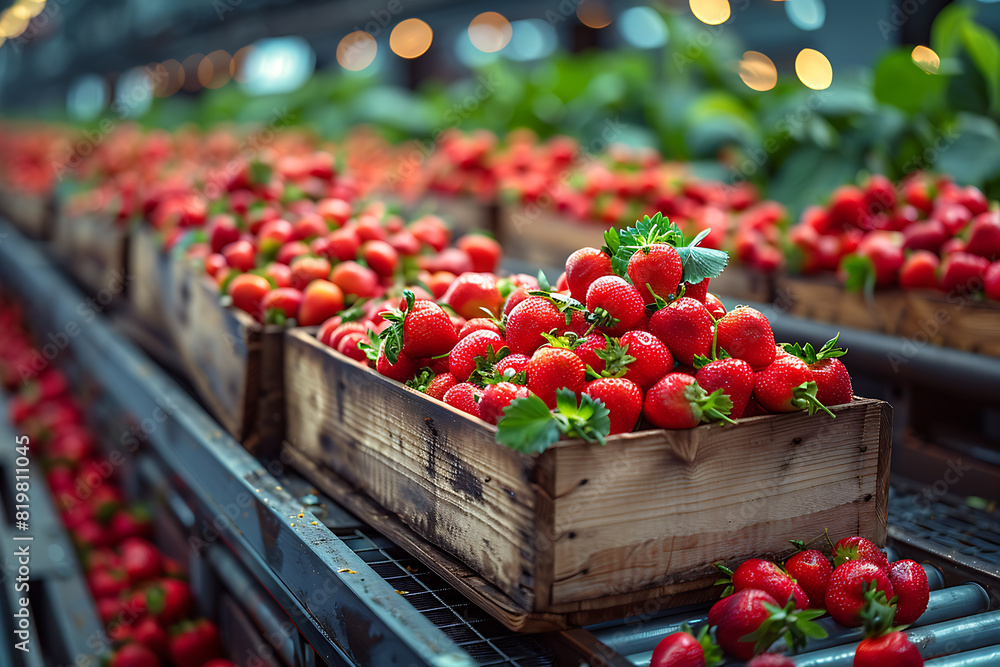 The harvested strawberries are neatly packed in wooden boxes on the sorting line, ready for distribution at a bustling farm during the peak of the harvest season The harvested strawberries are neatly packed in wooden boxes on the sorting line, ready for distribution at a bustling farm during the peak of the harvest season