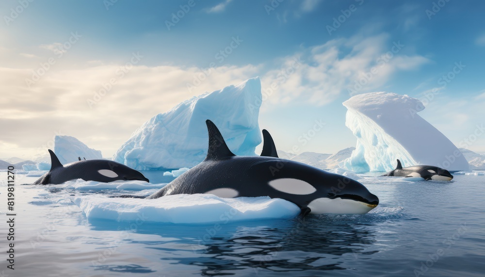 Fototapeta premium Groups of Orcas or killer whales swim and hunt for prey, the top of the food chain in a sea of ​​ice floes