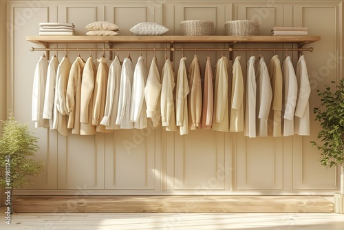 Clothes on grunge background, shelf on cream background Collection of clothes hanging on a rack in neutral beige colors 3d rendering, store and luxury concept © create