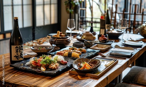 izakaya food on table  private room  fancy modern izakaya restaurant in Seoul  luxury with wide background 