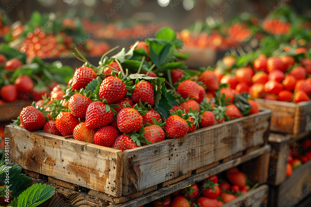 The harvested strawberries are neatly packed in wooden boxes on the sorting line, ready for distribution at a bustling farm during the peak of the harvest season The harvested strawberries are neatly packed in wooden boxes on the sorting line, ready for distribution at a bustling farm during the peak of the harvest season
