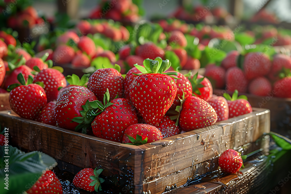 The harvested strawberries are neatly packed in wooden boxes on the sorting line, ready for distribution at a bustling farm during the peak of the harvest season The harvested strawberries are neatly packed in wooden boxes on the sorting line, ready for distribution at a bustling farm during the peak of the harvest season
