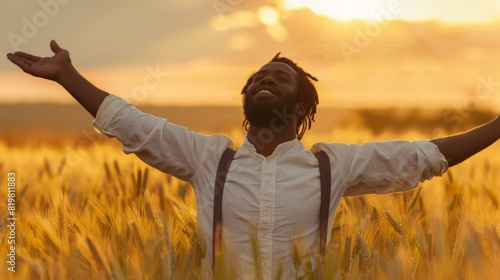 Man Embracing Sunset in Field