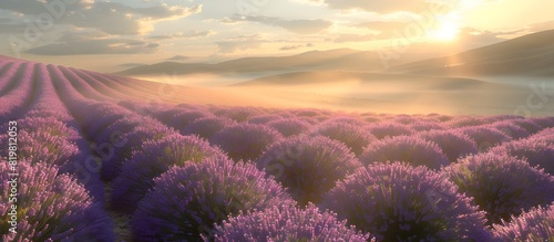 Lavender Blanketed Rolling Hills Bathed in Golden Sunlight and Hazy Atmosphere