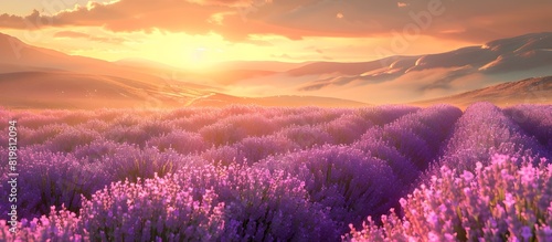 Enchanting Lavender Field at Sunset in Pastoral Countryside Landscape