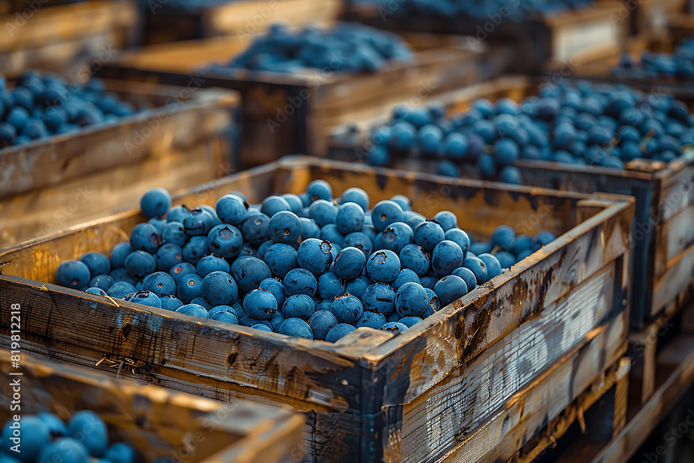 The harvested blueberries are neatly packed in wooden boxes on the sorting line, ready for distribution at a bustling orchard during the peak of the harvest season The harvested blueberries are neatly packed in wooden boxes on the sorting line, ready for distribution at a bustling orchard during the peak of the harvest season