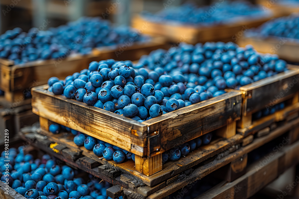 The harvested blueberries are neatly packed in wooden boxes on the sorting line, ready for distribution at a bustling orchard during the peak of the harvest season The harvested blueberries are neatly packed in wooden boxes on the sorting line, ready for distribution at a bustling orchard during the peak of the harvest season