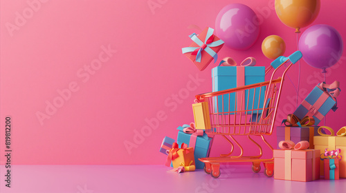Colorful Shopping Cart with Gifts and Balloons on Pink Background