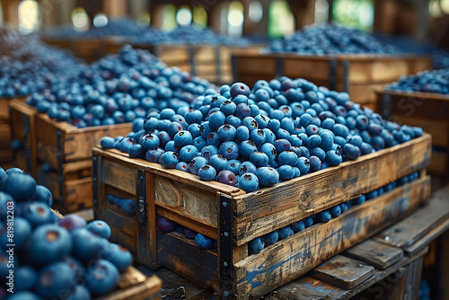 The harvested blueberries are neatly packed in wooden boxes on the sorting line, ready for distribution at a bustling orchard during the peak of the harvest season
