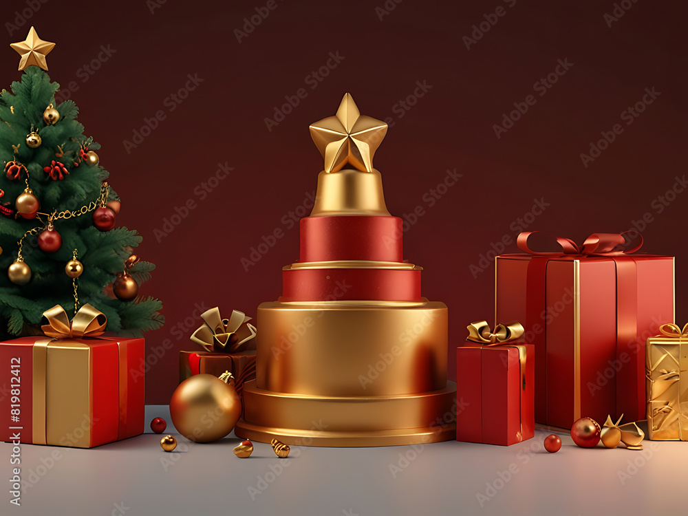 Christmas podium with copy space for product advertisement showcasing. Empty 3D pedestal in red and warm gold color theme. Generative AI.. Christmas podium with copy space for product advertisement showcasing. Empty 3D pedestal in red and warm gold color theme. Generative AI..