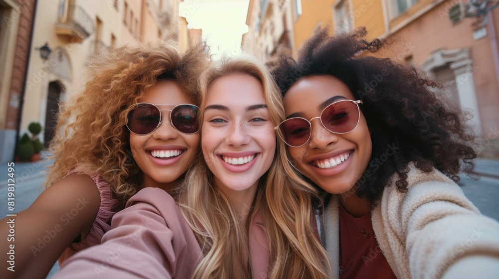 Smiling Multiracial Friends with Sunglasses Enjoying Sunny Day. Smiling Multiracial Friends with Sunglasses Enjoying Sunny Day.
