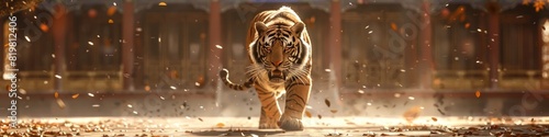 Majestic Tiger in Chinese Imperial Attire Steps through a Steampunk Courtyard photo