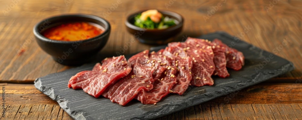 Rustic Korean dining setting featuring thinly sliced raw beef sashimi on a slate plate, served with spicy dipping sauce in a traditional stone bowl, natural wood table background Rustic Korean dining setting featuring thinly sliced raw beef sashimi on a slate plate, served with spicy dipping sauce in a traditional stone bowl, natural wood table background
