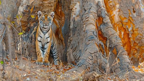 Attractive Bengal tiger (Panthera tigris tigris), young animal standing at base of tree, Tadoba Andhari photo